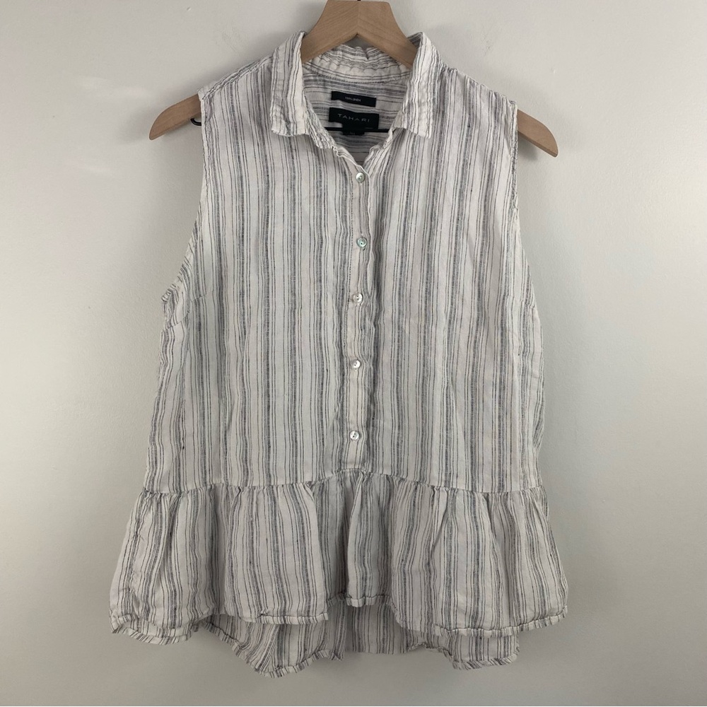 Tahari Vertical Stripe Linen Peplum Popover Top